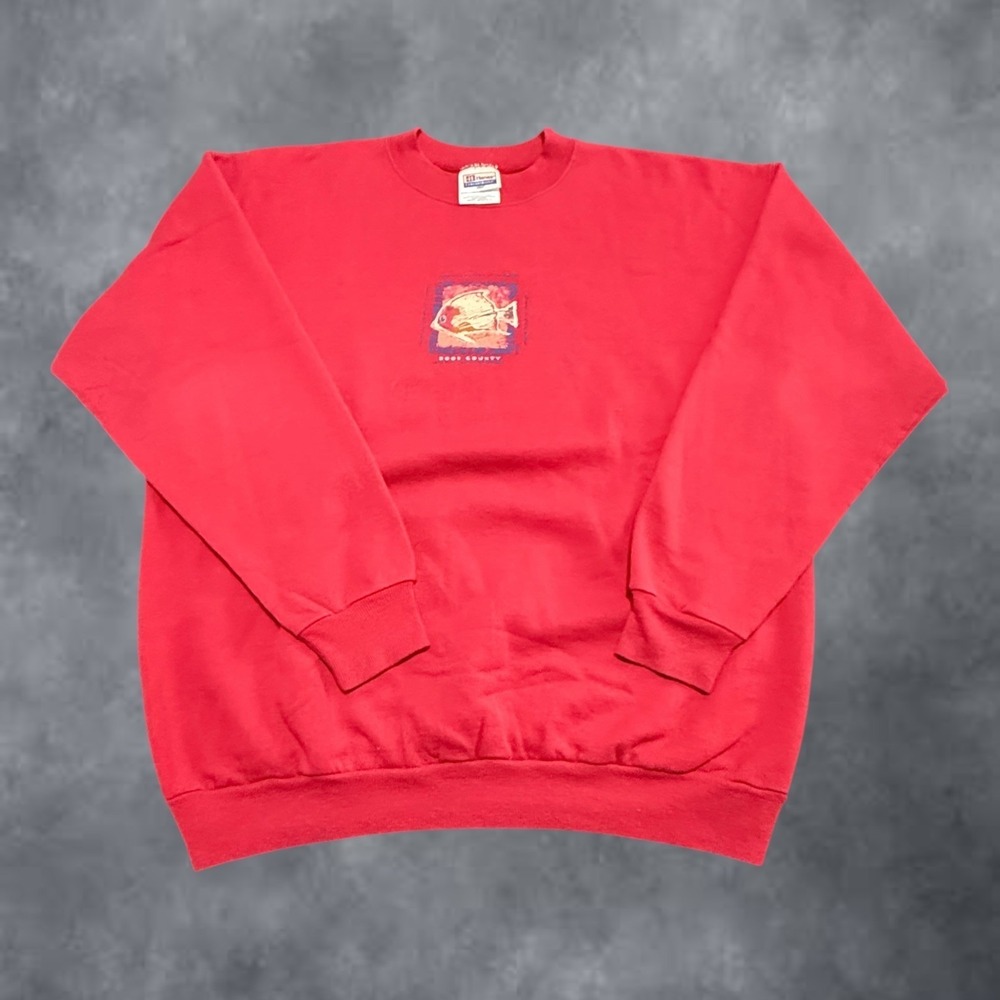 Hanes Door County Fish Graphic Sweatshirt Mens Large Red ComfortBlend Pullover